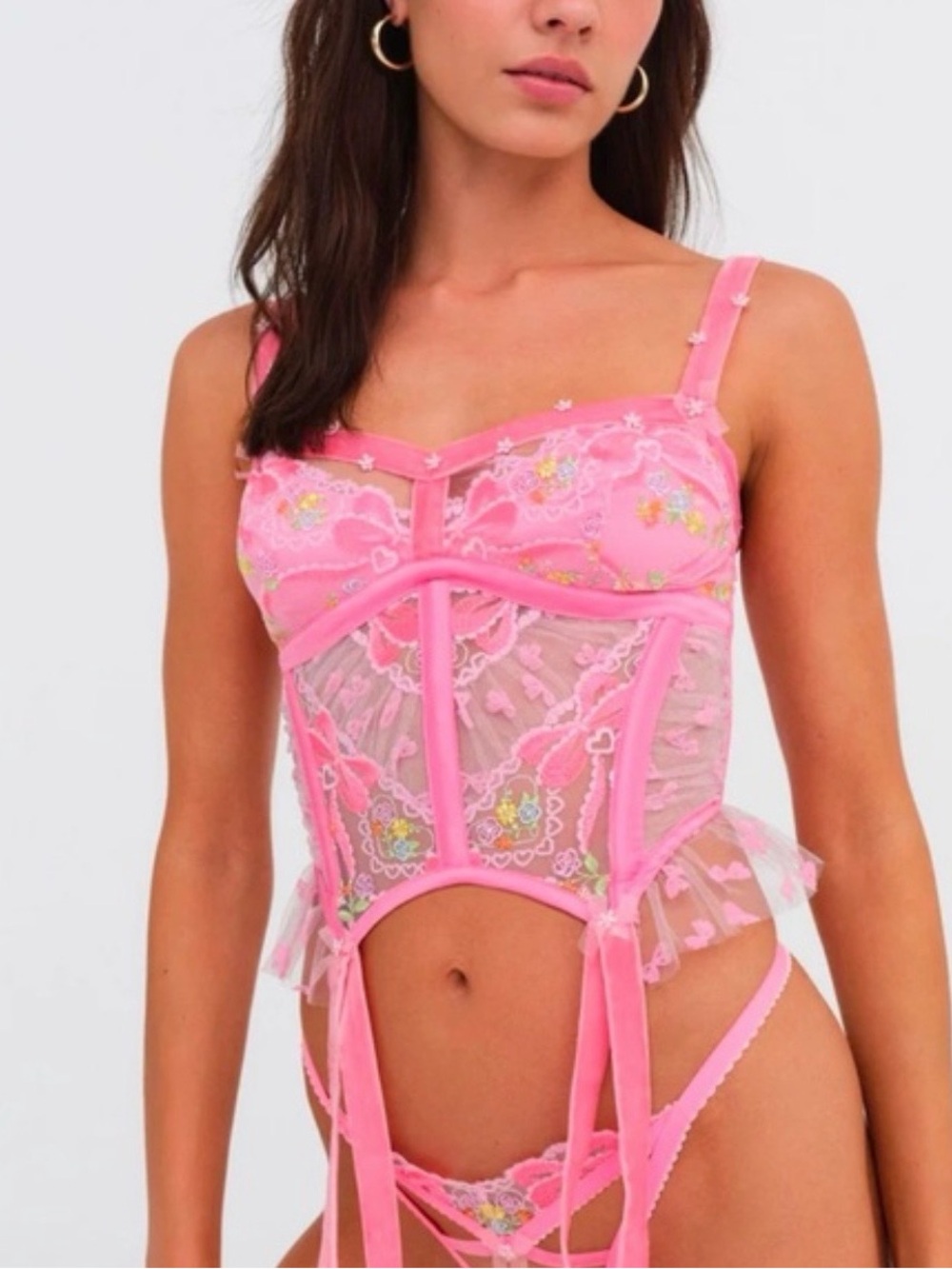 For Love And Lemons Pink Floral Embroidered Lace Bustier with Garter Straps